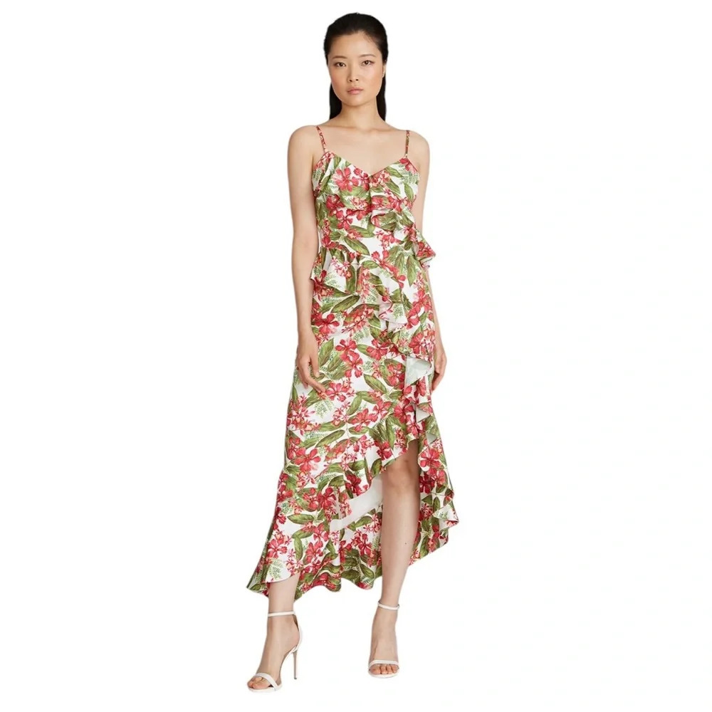 AMUR Womens Dress Deborah Tropical Floral Print Midi Ruffle High Low Size 10